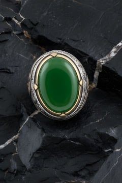 Yeşil Akik Büyük Boy Gravür Sarmaşık Gümüş Yüzük