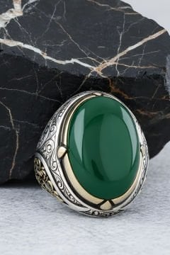 Yeşil Akik Büyük Boy Gravür Sarmaşık Gümüş Yüzük