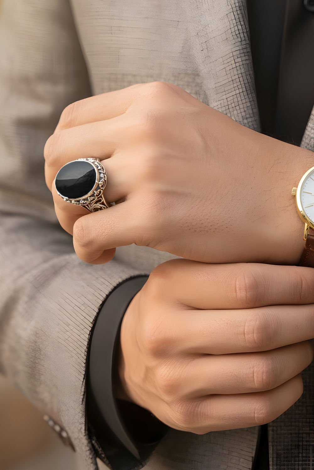 Oniks Taşlı El İşi Gümüş Yüzük