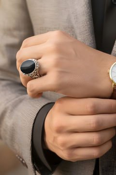 Oniks Taşlı El İşi Gümüş Yüzük