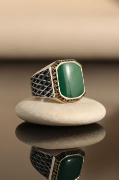 Yeşil Akik Taşlı Gümüş Erkek Yüzük