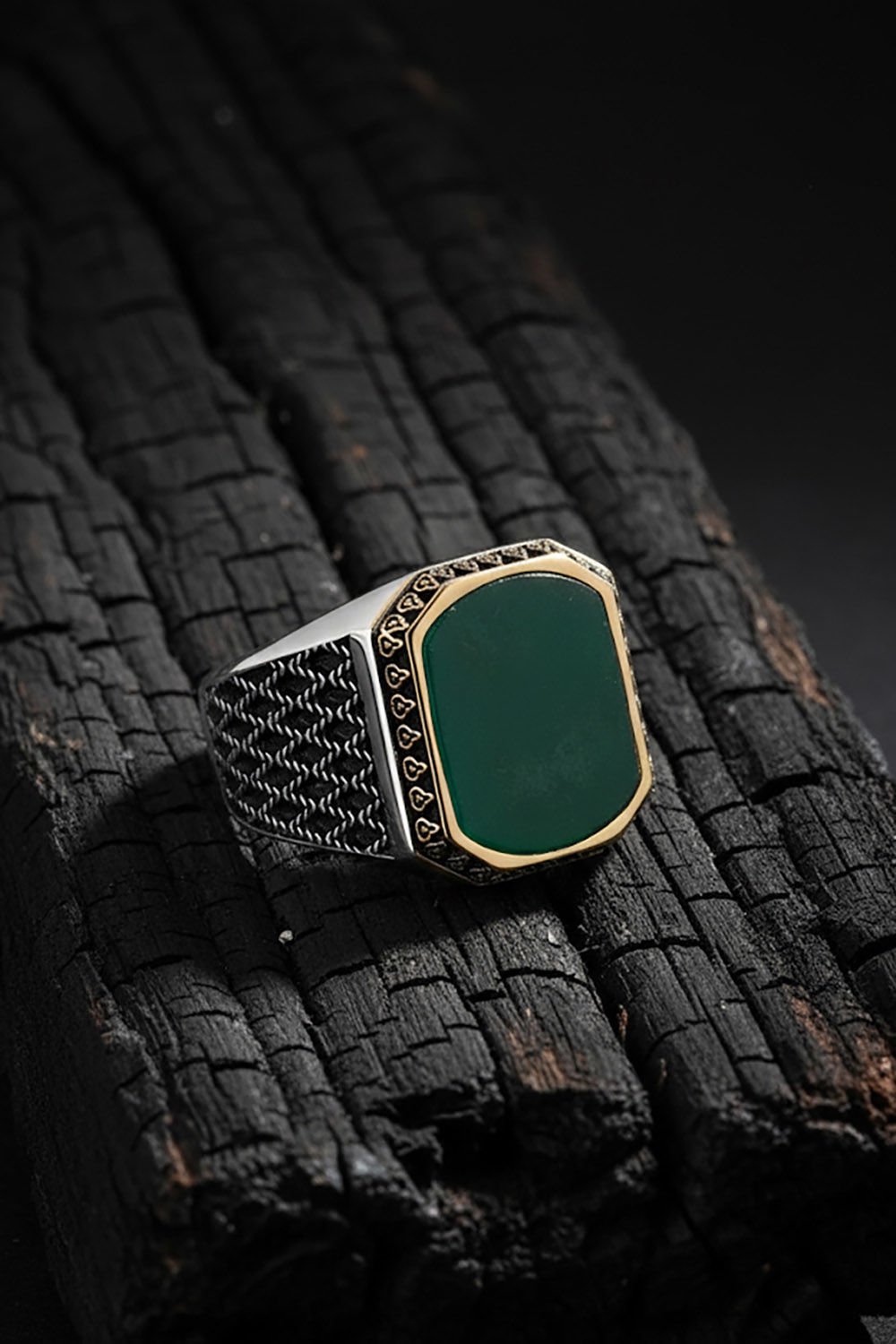 Yeşil Akik Taşlı Gümüş Erkek Yüzük