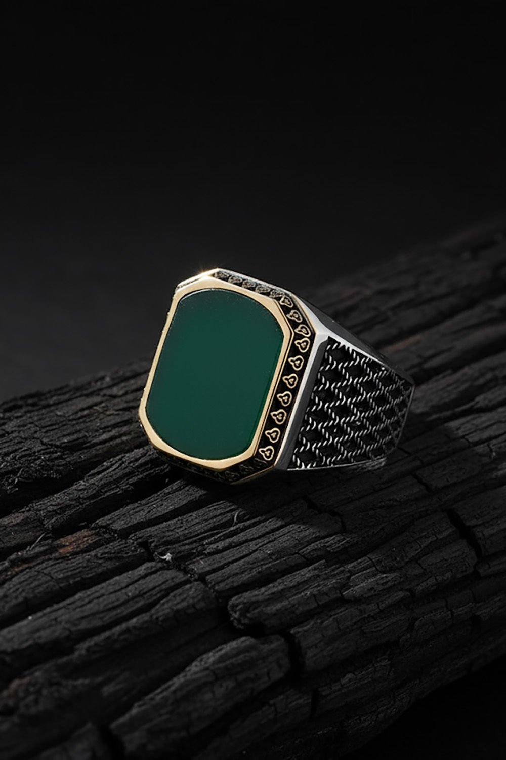Yeşil Akik Taşlı Gümüş Erkek Yüzük