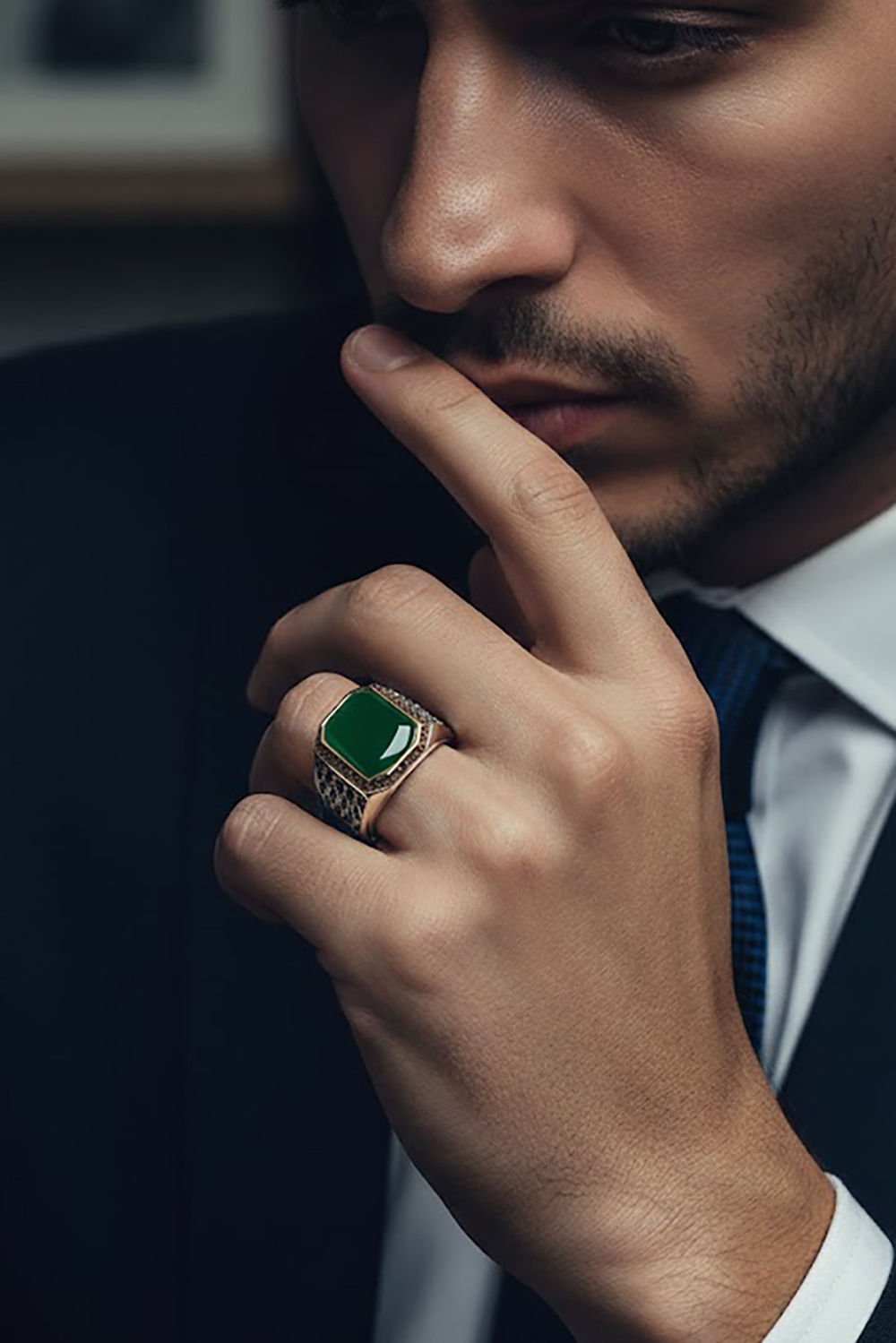 Yeşil Akik Taşlı Gümüş Erkek Yüzük