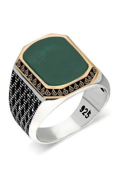 Yeşil Akik Taşlı Gümüş Erkek Yüzük