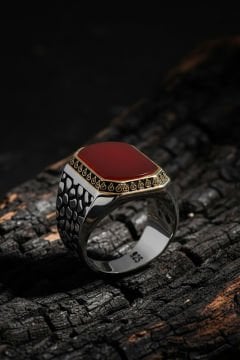 Benekli Model Akik Taşlı Gümüş Erkek Yüzük