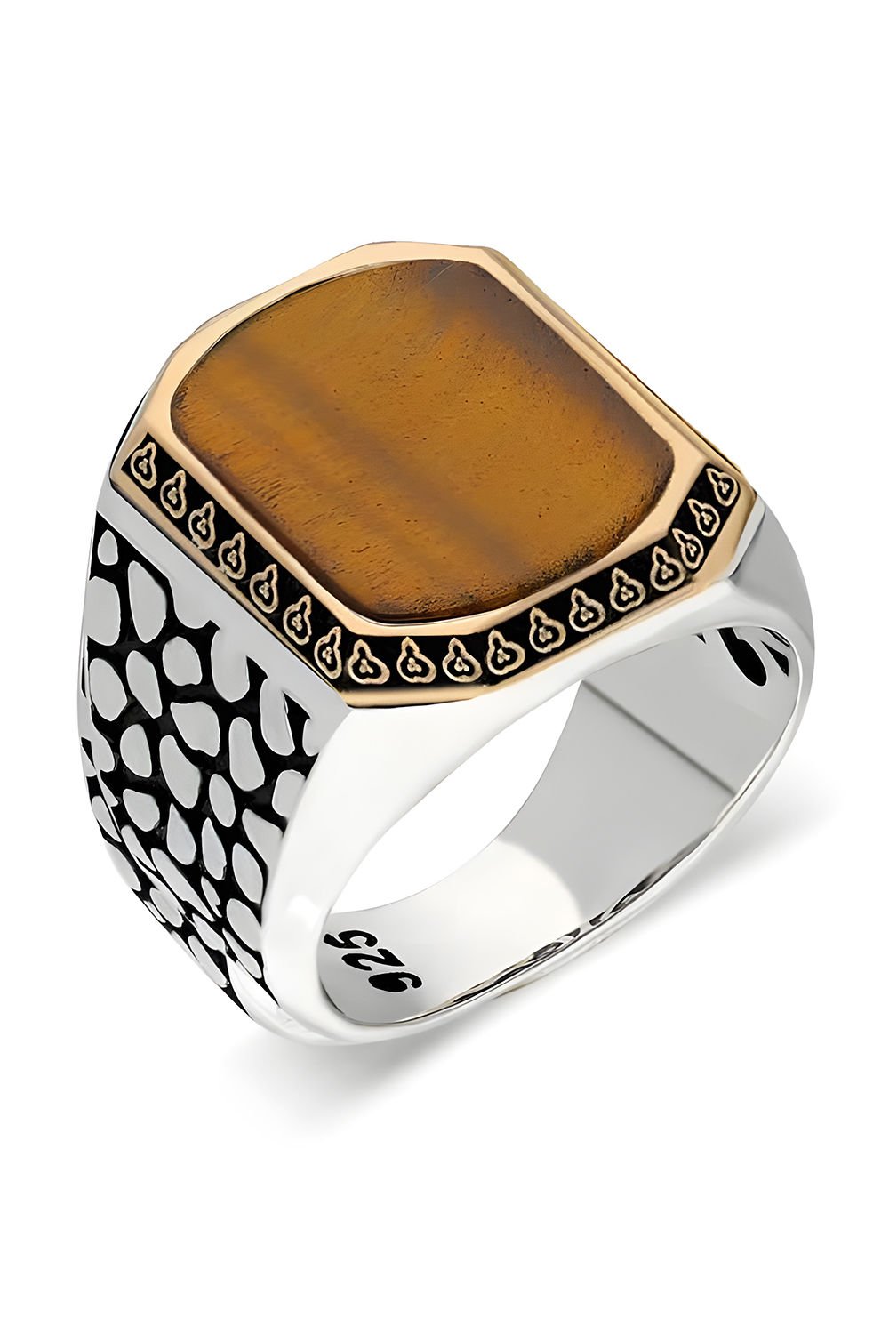 Benekli Model Kaplangözü Taşlı Gümüş Erkek Yüzük