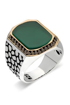 Benekli Model Yeşil Akik Taşlı Gümüş Erkek Yüzük