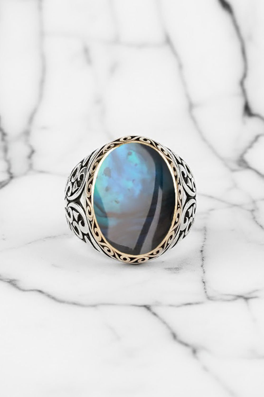 Okyanus Sedefi Taşlı Gümüş Erkek Yüzük
