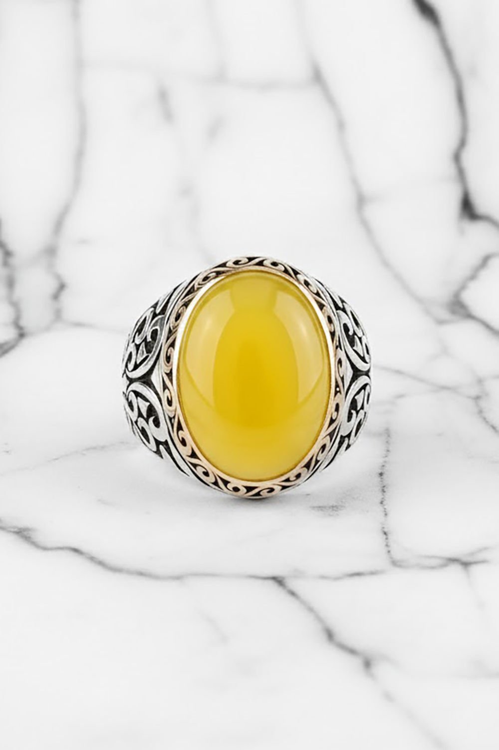 Sarı Akik Taşlı Gümüş Erkek Yüzük