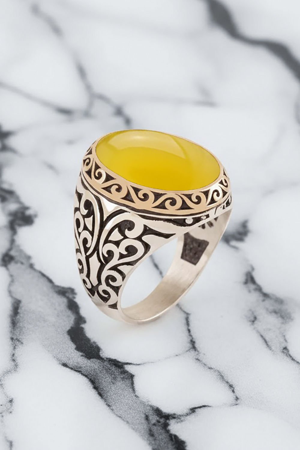 Sarı Akik Taşlı Gümüş Erkek Yüzük