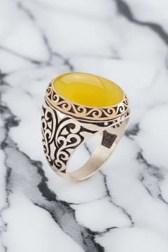 Sarı Akik Taşlı Gümüş Erkek Yüzük