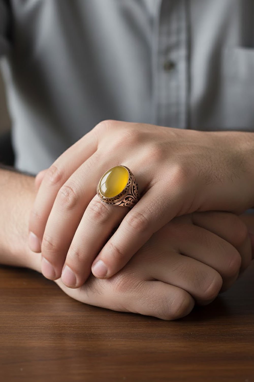 Sarı Akik Taşlı Gümüş Erkek Yüzük