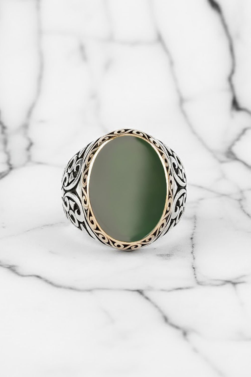 Yeşil Akik Taşlı Gümüş Erkek Yüzük