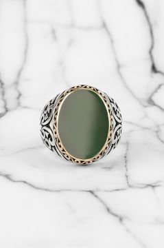 Yeşil Akik Taşlı Gümüş Erkek Yüzük