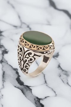 Yeşil Akik Taşlı Gümüş Erkek Yüzük