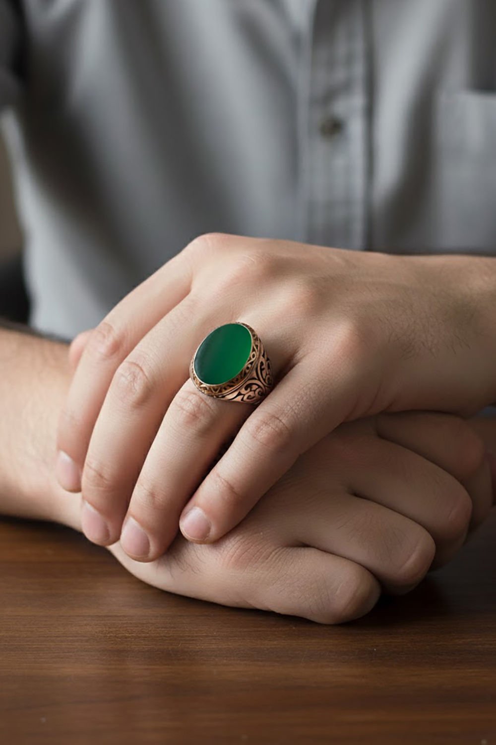 Yeşil Akik Taşlı Gümüş Erkek Yüzük