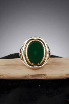 Yeşil Akik Taşlı Yeni Rumi Model Gümüş Yüzük