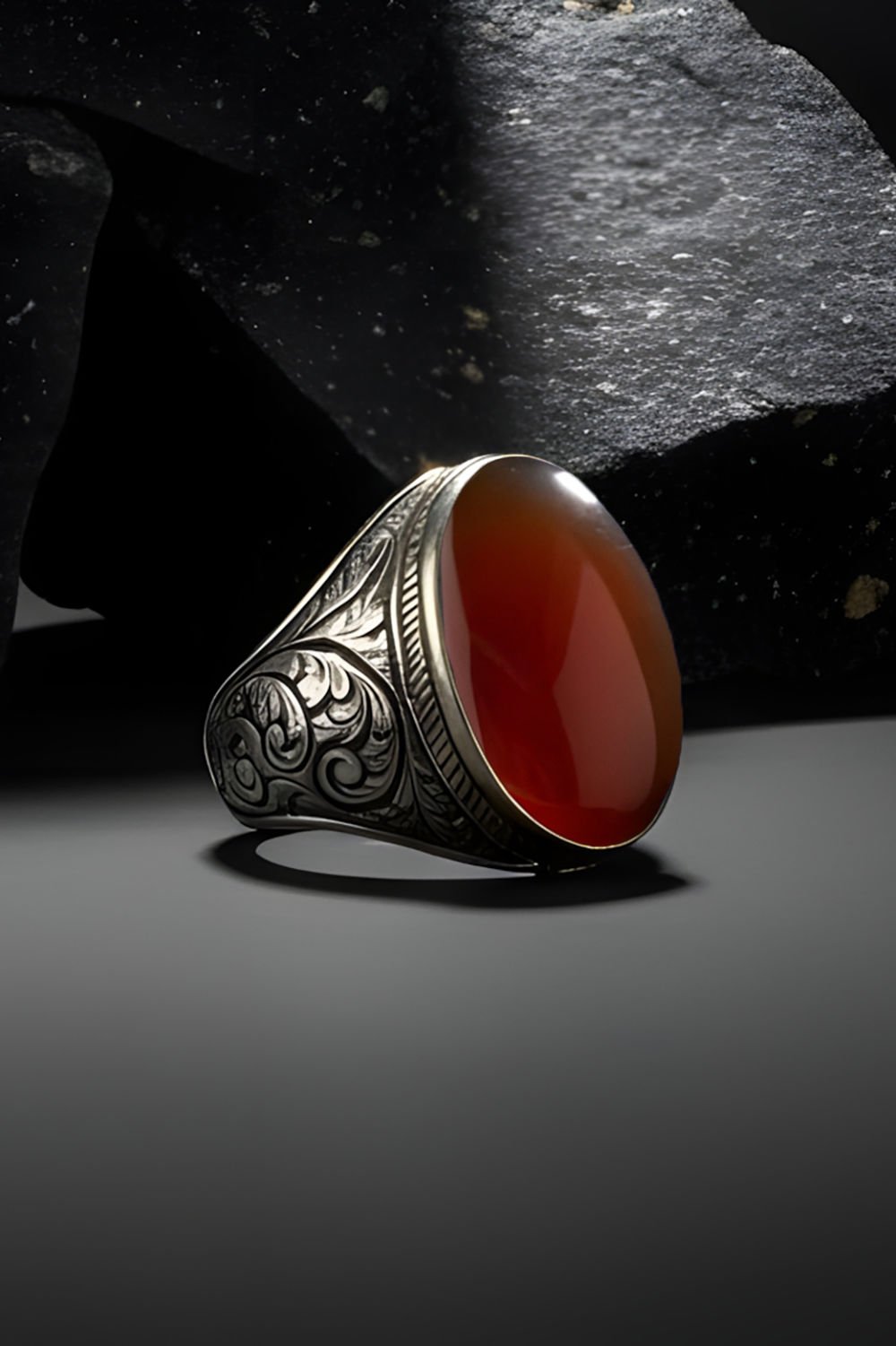 Akik Taşlı Gravür Desenli Gümüş Yüzük