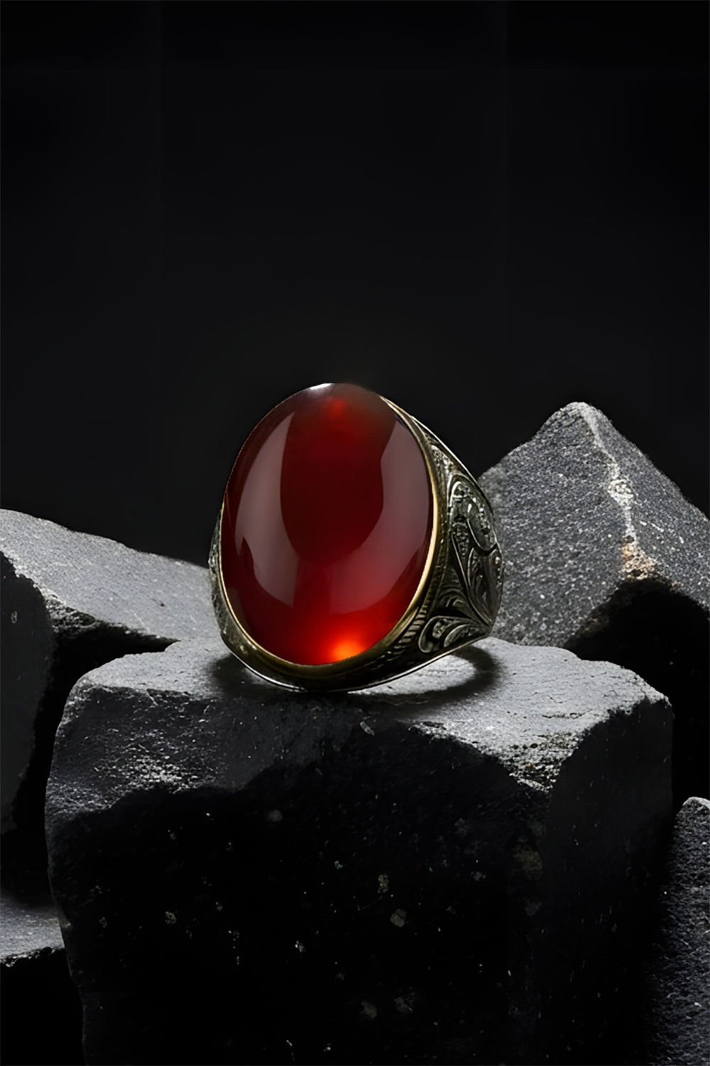 Akik Taşlı Gravür Desenli Gümüş Yüzük