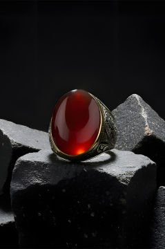 Akik Taşlı Gravür Desenli Gümüş Yüzük