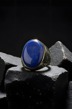 Lapis Taşlı Gravür Desenli Gümüş Yüzük