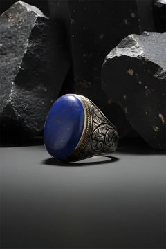 Lapis Taşlı Gravür Desenli Gümüş Yüzük