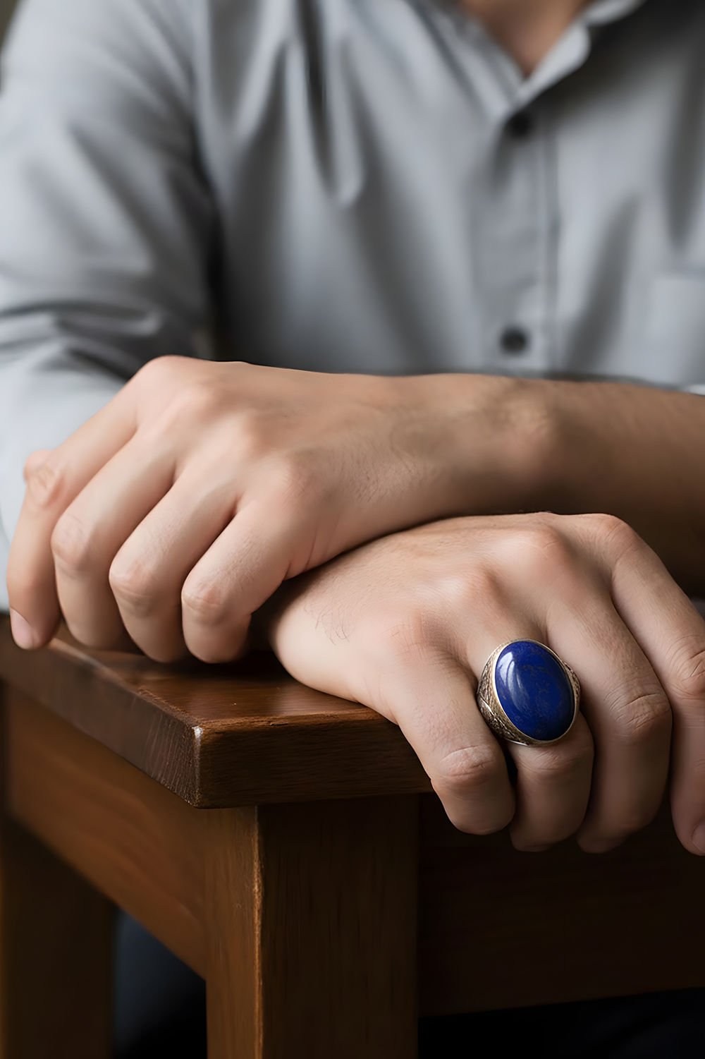 Lapis Taşlı Gravür Desenli Gümüş Yüzük