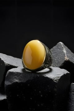 Sarı Akik Taşlı Gravür Desenli Gümüş Yüzük