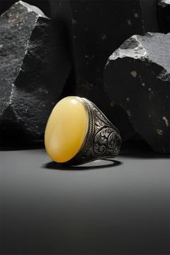 Sarı Akik Taşlı Gravür Desenli Gümüş Yüzük