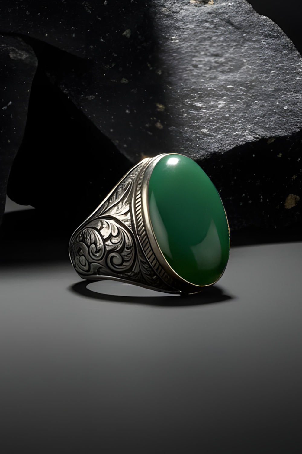 Yeşil Akik Taşlı Gravür Desenli Gümüş Yüzük
