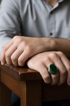 Yeşil Akik Taşlı Gravür Desenli Gümüş Yüzük