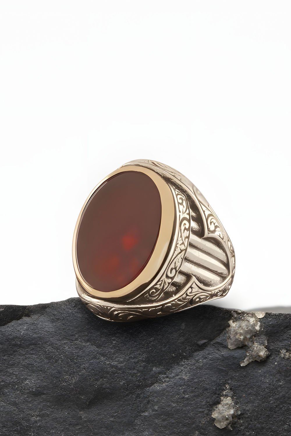 Akik Taşlı Oval Model Gümüş Yüzük