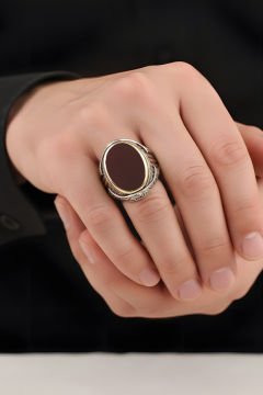 Akik Taşlı Oval Model Gümüş Yüzük