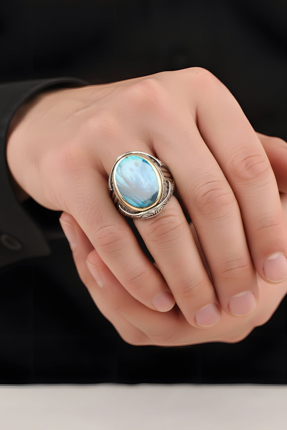 Okyanus Sedefi Taşlı Oval Model Gümüş Yüzük