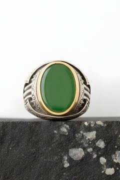 Yeşil Akik Taşlı Oval Model Gümüş Yüzük