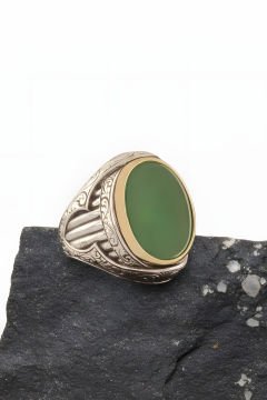 Yeşil Akik Taşlı Oval Model Gümüş Yüzük