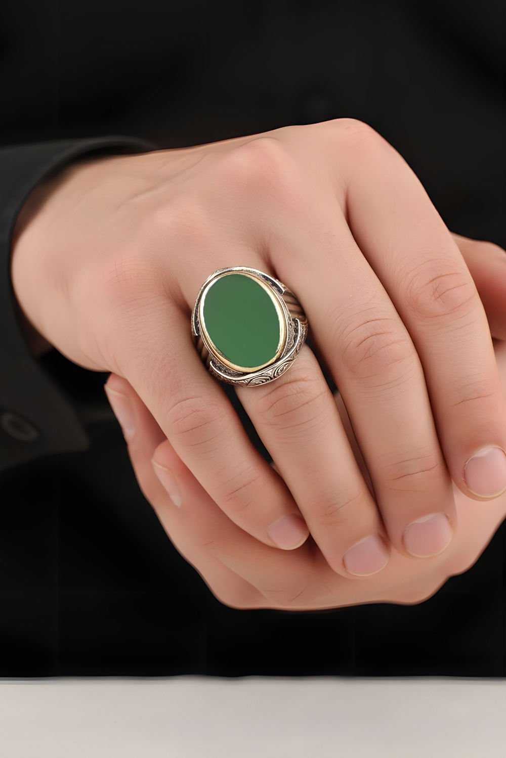 Yeşil Akik Taşlı Oval Model Gümüş Yüzük