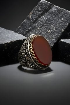 Akik Taşlı Büyük Boy Sarmaşık Model Gümüş Yüzük