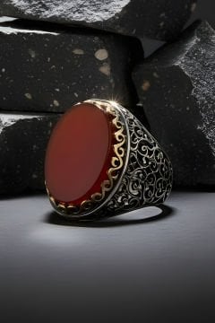 Akik Taşlı Büyük Boy Sarmaşık Model Gümüş Yüzük