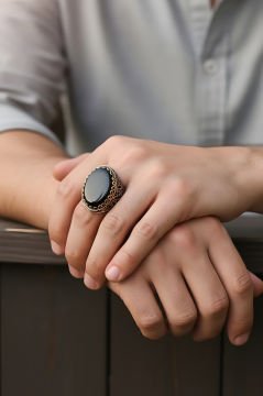 Oniks Taşlı Büyük Boy Sarmaşık Model Gümüş Yüzük