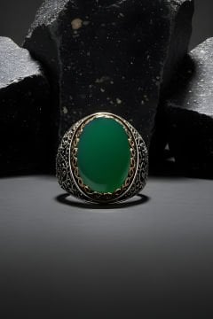 Yeşil Akik Büyük Boy Sarmaşık Model Gümüş Yüzük