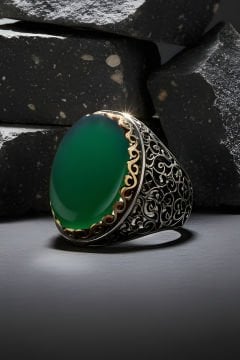 Yeşil Akik Büyük Boy Sarmaşık Model Gümüş Yüzük