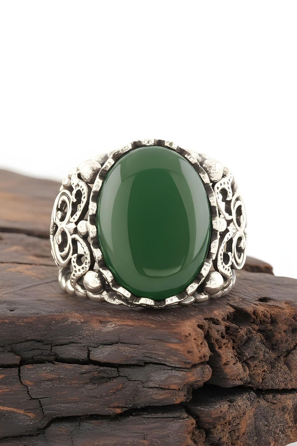 Yeşil Akik Taşlı El İşi Gümüş Yüzük