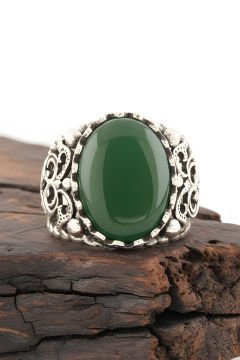 Yeşil Akik Taşlı El İşi Gümüş Yüzük