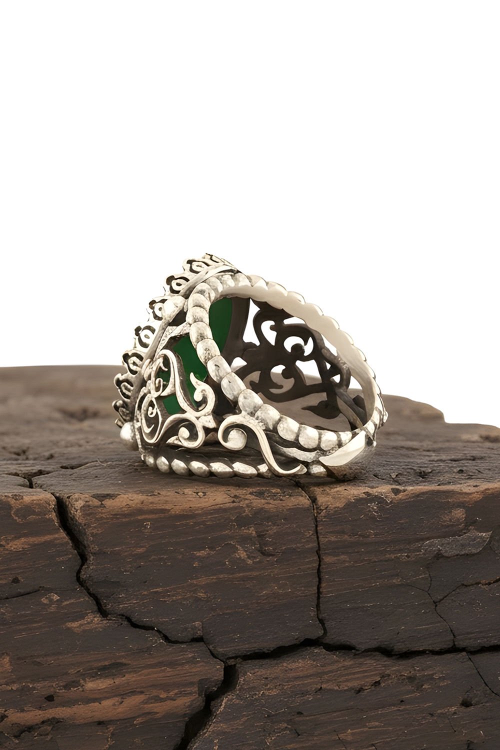 Yeşil Akik Taşlı El İşi Gümüş Yüzük