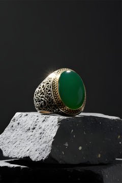 Yeşil Akik Taşlı Sarmaşık Model Gümüş Yüzük