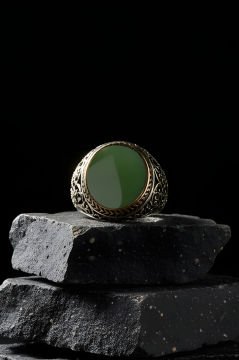 Yeşil Akik Taşlı Sarmaşık Model Gümüş Yüzük