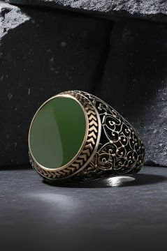 Yeşil Akik Taşlı Sarmaşık Model Gümüş Yüzük
