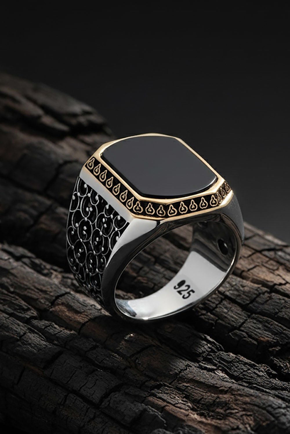 Sarmaşık Model Oniks Taşlı Gümüş Erkek Yüzük